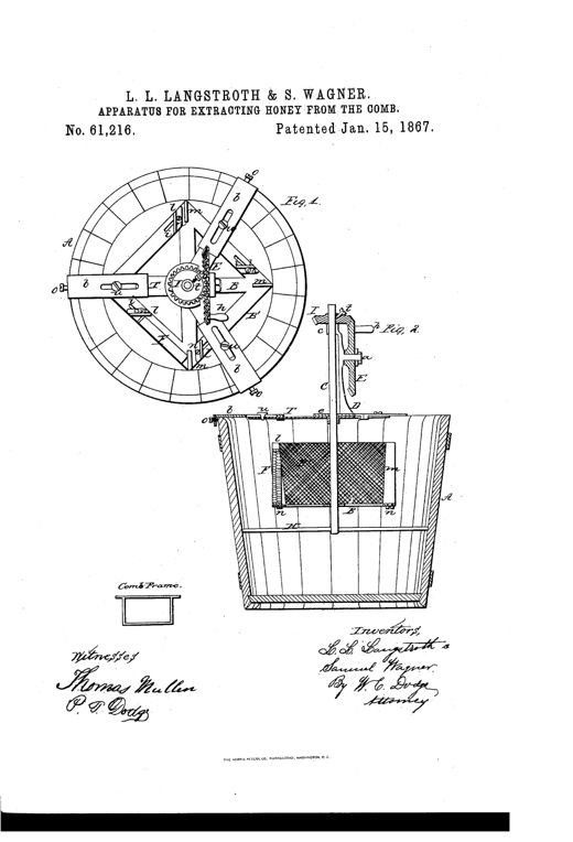 Patent drawing showing a circular top-view gear-driven rotating frame (Fig. 1) above a side-section view (Fig. 2) of a barrel-shaped tub containing a wire-gauze comb holder suspended from a central spindle, with a simple rectangular comb frame shown separately below.