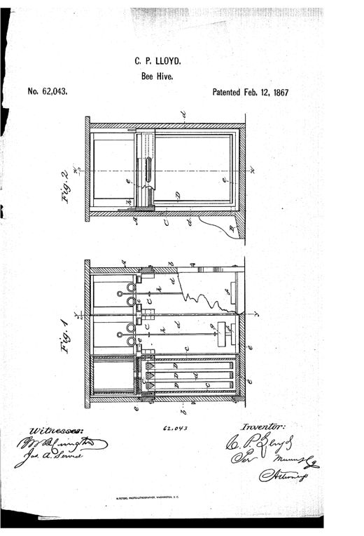 Patent drawing of a sectional beehive showing two cross-section views (Fig. 1 and Fig. 2) with a wooden outer case containing multiple glass-sided boxes fitted with hanging comb-frames, slide openings, and connecting rods, plus an alighting board at the base.