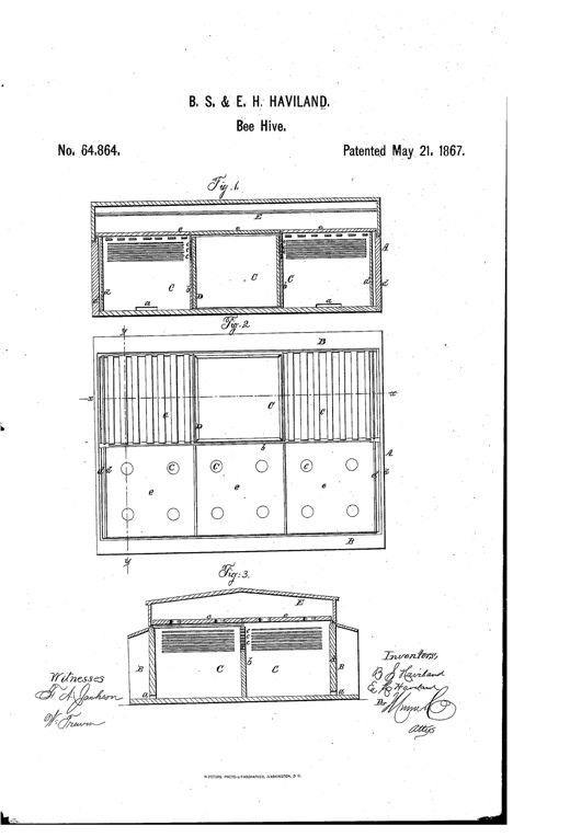 Patent drawing of a rectangular multi-compartment bee house showing a top plan view with six hive compartments arranged in a row, front and side vertical sections revealing internal partitions, honey-boards, entrance perches, and a removable roof cap.