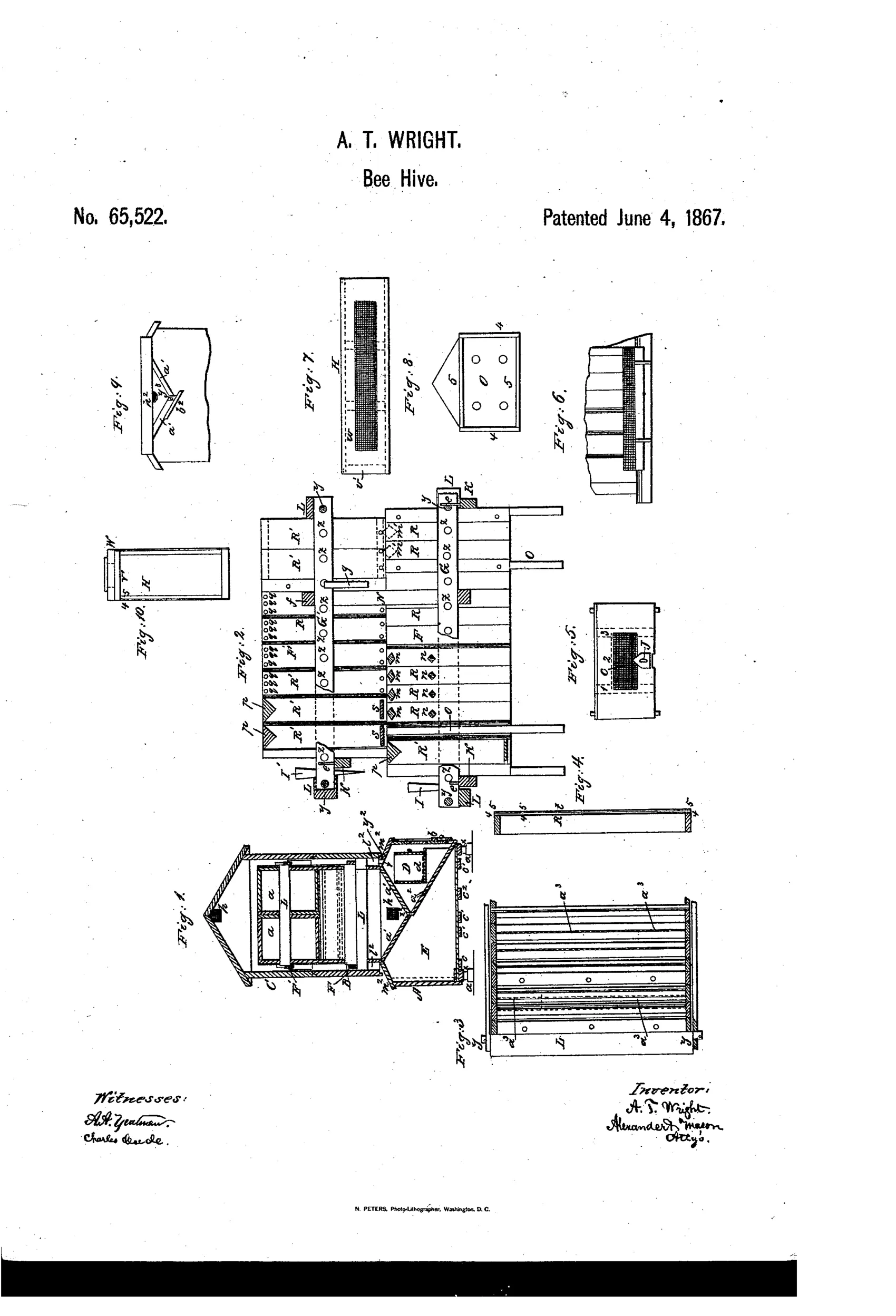 Patent drawing showing a sectional wooden bee-hive with stacked exterior boxes, internal clamped honey and brood frames, a feed-box with floats, and ventilating screen details across ten numbered figures.