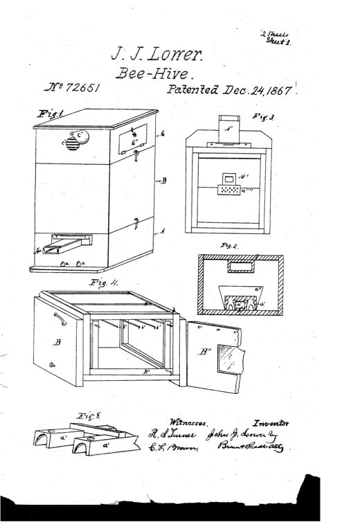 An exploded technical drawing of a wooden beehive showing a perspective view of the assembled three-tier hive, a sectional view of the moth-chamber with entrance holes, a sash-chamber with door open revealing internal rods and frames, a removable sash, a honey-box with glass panel, and a pair of grooved breeding-spiles.