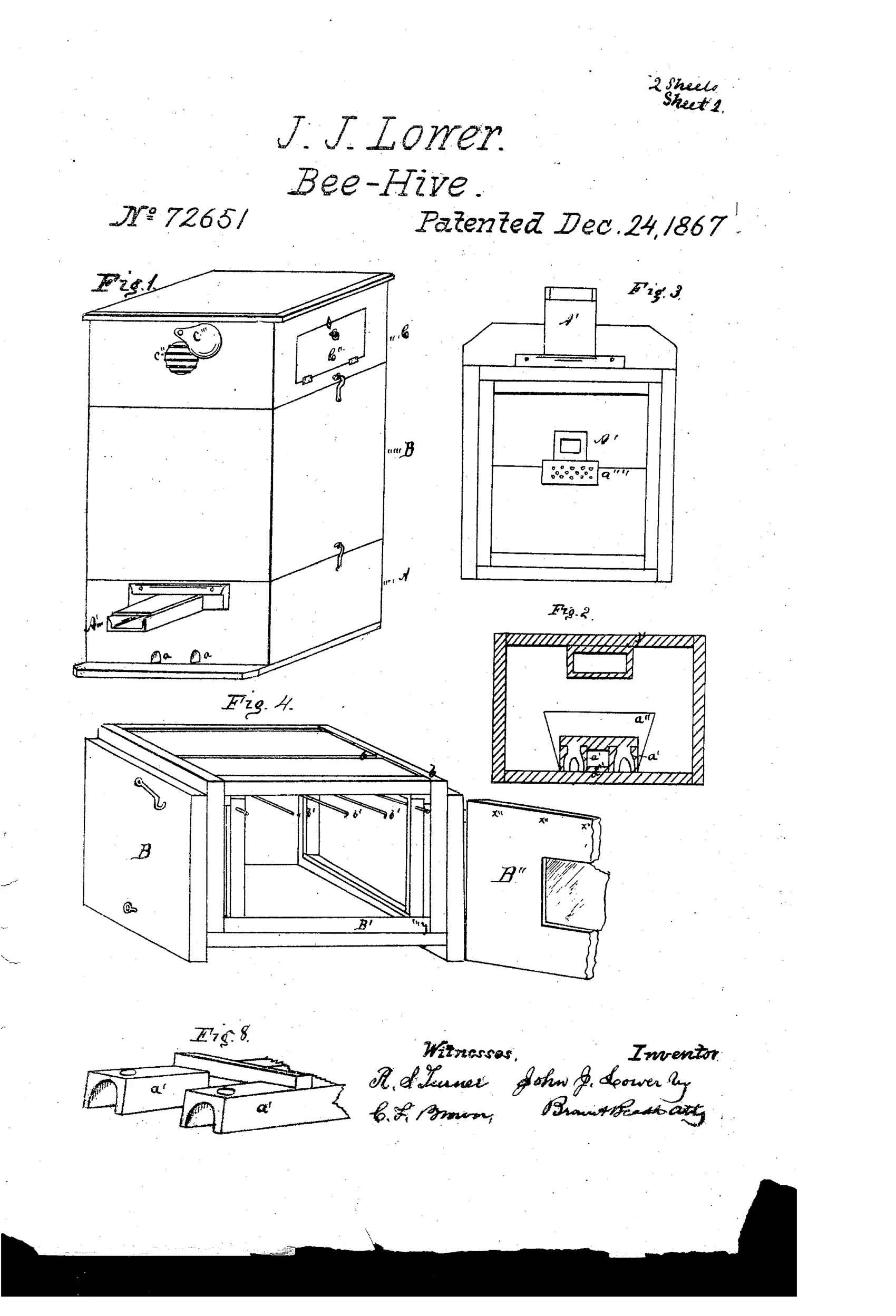 An exploded technical drawing of a wooden beehive showing a perspective view of the assembled three-tier hive, a sectional view of the moth-chamber with entrance holes, a sash-chamber with door open revealing internal rods and frames, a removable sash, a honey-box with glass panel, and a pair of grooved breeding-spiles.