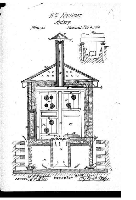 A cutaway drawing of a peaked-roof wooden apiary building shows rows of beehives inside insulated double walls, a central hatchway leading down to an underground pit, and a roof flue with a cowl for venting warm air, with an inset labeled X detailing a post resting in a tar-filled cup to keep out vermin.