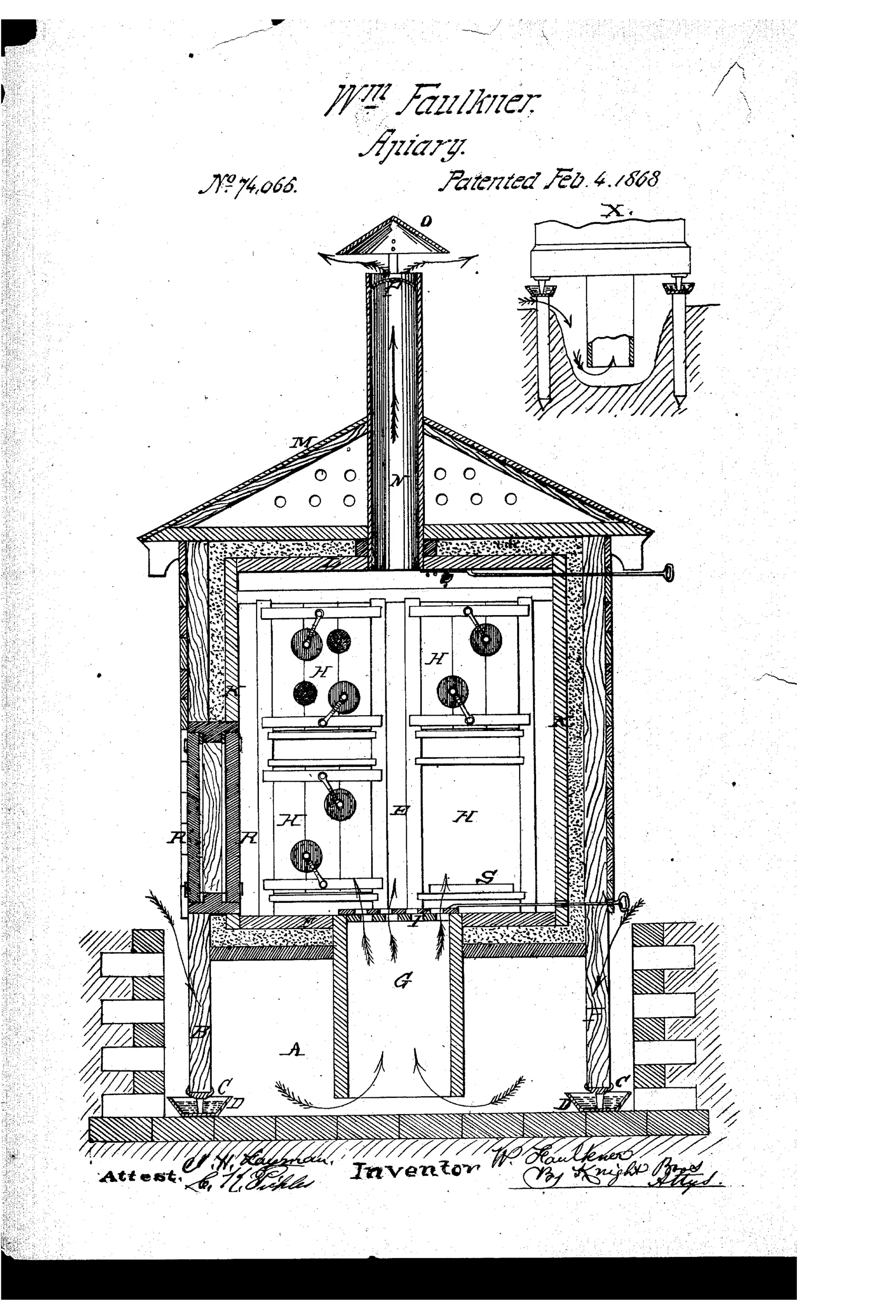 A cutaway drawing of a peaked-roof wooden apiary building shows rows of beehives inside insulated double walls, a central hatchway leading down to an underground pit, and a roof flue with a cowl for venting warm air, with an inset labeled X detailing a post resting in a tar-filled cup to keep out vermin.