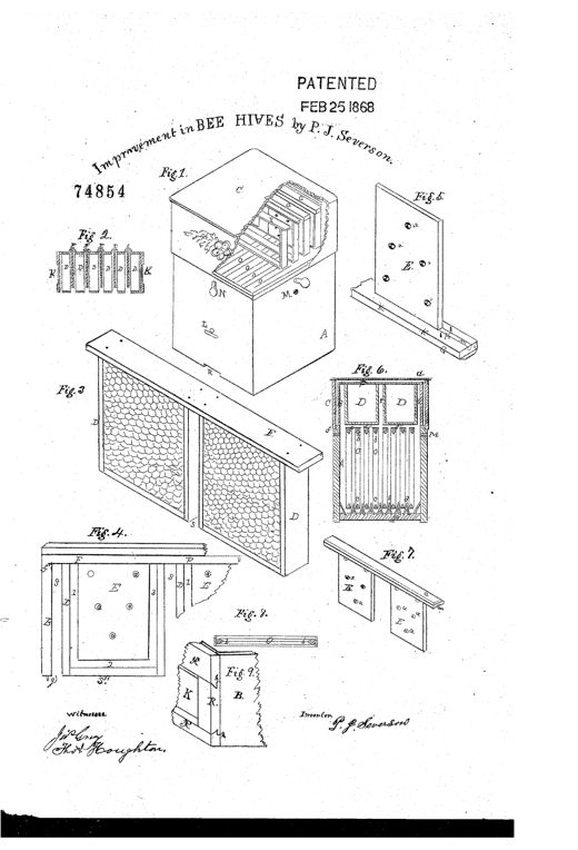 Patent drawing of a wooden bee-hive with a square main box, a removable glazed surplus-honey box on top holding double comb-frames, and detailed cross-sections of separators and comb-frames labeled with letters A through K.