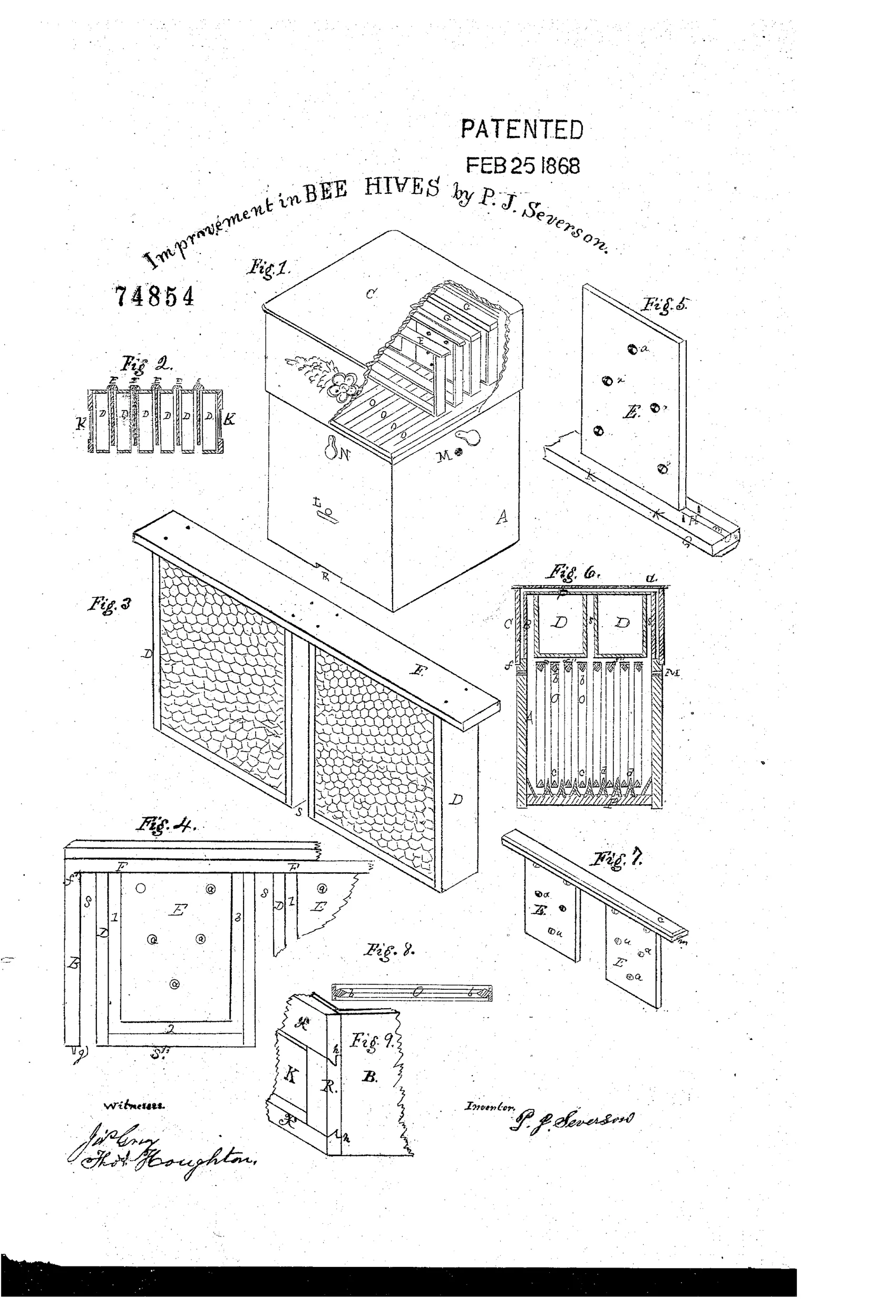 Patent drawing of a wooden bee-hive with a square main box, a removable glazed surplus-honey box on top holding double comb-frames, and detailed cross-sections of separators and comb-frames labeled with letters A through K.