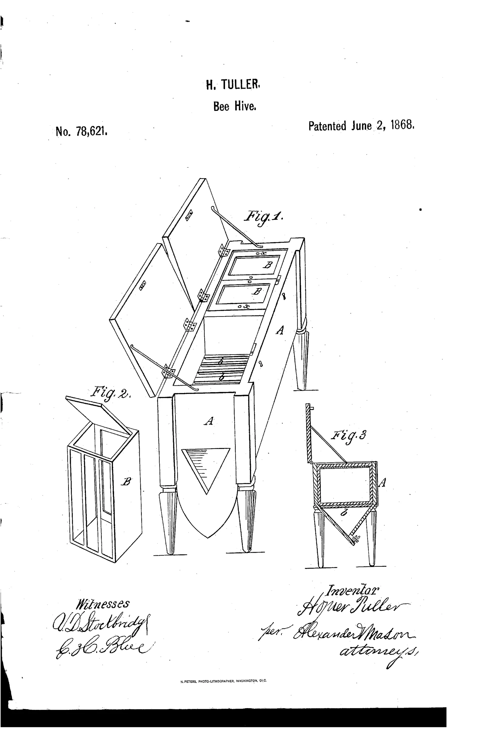 Patent drawing of a wooden bee-hive with hinged double-lid top, two glass-topped honey boxes labeled B inside, angled legs, and a triangular entrance cutout at the front; a smaller box labeled B and a cross-section labeled A with slats b are shown separately.
