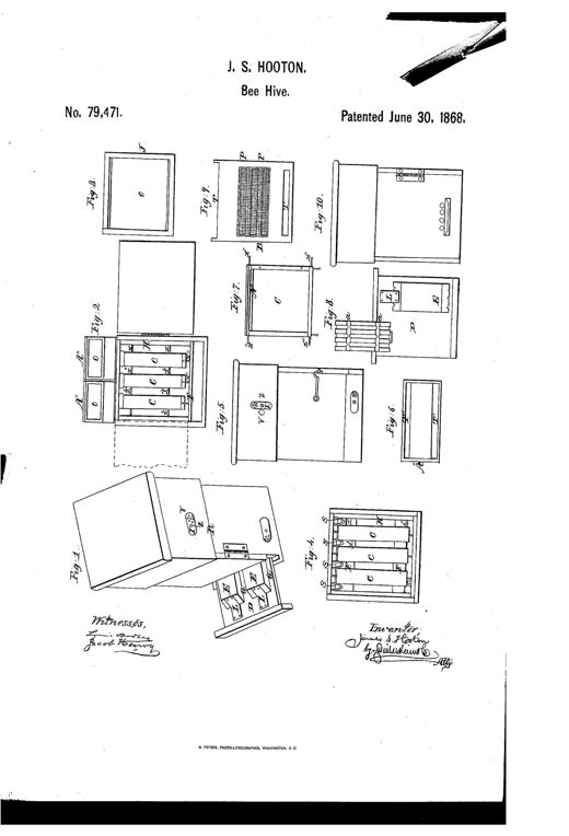 Patent drawing of a wooden beehive with hinged sides, a bottom drawer, comb-racks, glass-windowed honey-caps, and a ventilation board, shown in multiple perspective and sectional figures.
