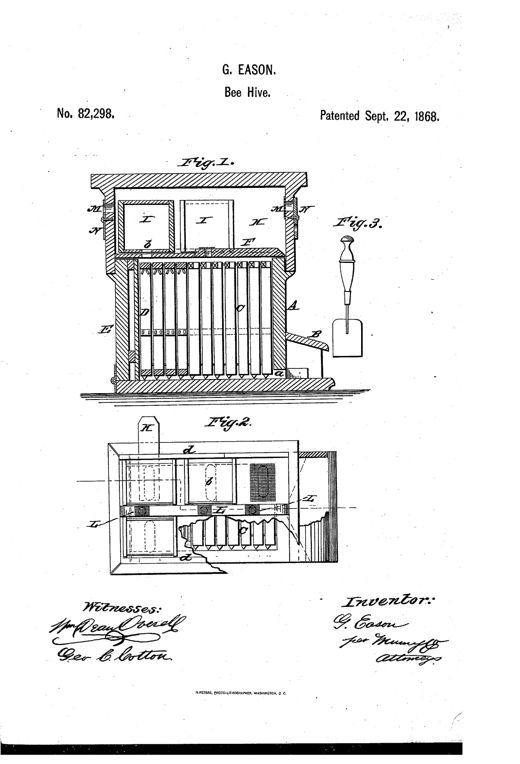 Patent drawing of a wooden bee-hive in cross-section showing stacked comb-frames, a honey chamber with removable boxes above, ventilation slides and valves, an entrance porch, and a separate long-handled implement for lifting out honey boxes.