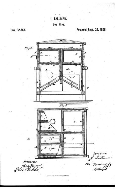 Two patent drawings of a wooden bee house: Fig. 1 shows a vertical cross-section with a peaked roof, upper spare-honey boxes with glass viewing panels, and lower hive chambers resting on inclined support bars; Fig. 2 shows a horizontal cross-section revealing four paired hive compartments with sliding connectors between them.