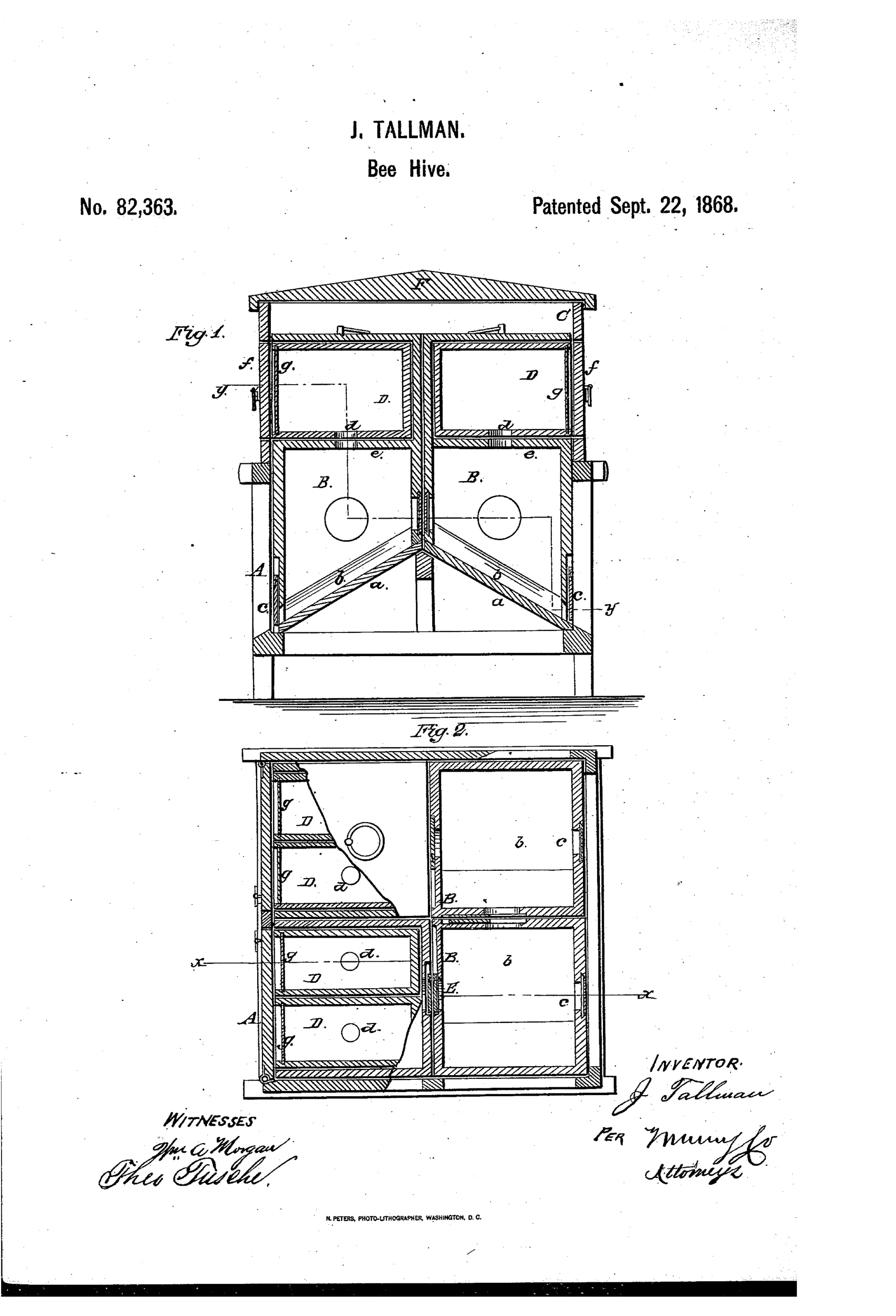 Two patent drawings of a wooden bee house: Fig. 1 shows a vertical cross-section with a peaked roof, upper spare-honey boxes with glass viewing panels, and lower hive chambers resting on inclined support bars; Fig. 2 shows a horizontal cross-section revealing four paired hive compartments with sliding connectors between them.