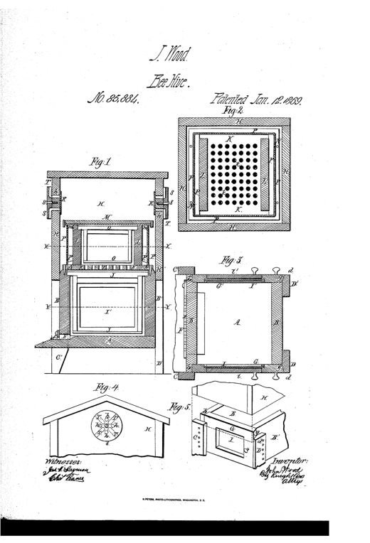 Patent drawing sheet showing five figures of a wooden beehive: a vertical cross-section revealing stacked working and breeding chambers with frames, a horizontal section with a perforated floor of round holes, a horizontal section of the breeding-chamber with doors and a hinged panel, a gable-end elevation with a circular rotating ventilator register, and a perspective view of the hive with the upper housing lifted to expose the breeding-chamber doors.