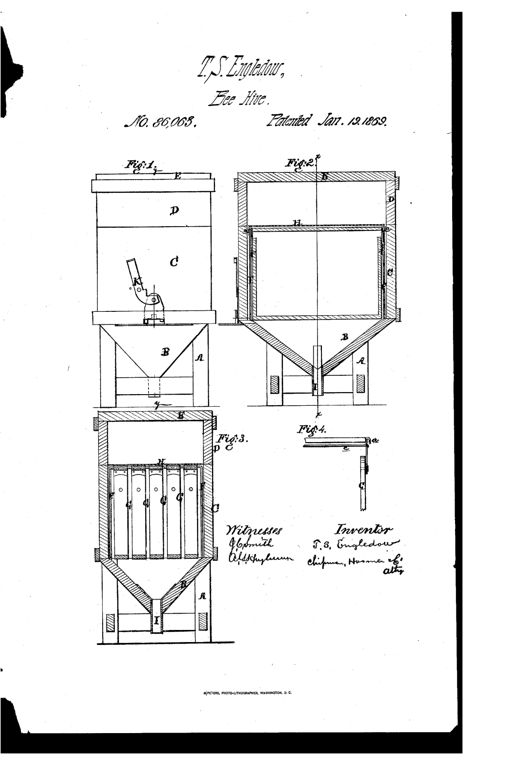 Patent drawing of a wooden beehive showing a front elevation with a pivoted thumb-piece entrance, two sectional views revealing an inverted pyramid box with hanging comb-holders and a perforated ventilation plate, and a detail view of a hook-and-rod comb-hanging mechanism.