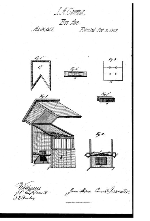 A wooden bee hive with a peaked, hinge-free removable cap, vertical slatted sides, an angled roof section, and a small ledge or alighting board at the base, shown in perspective with labeled parts including the cap (O) and body (A).
