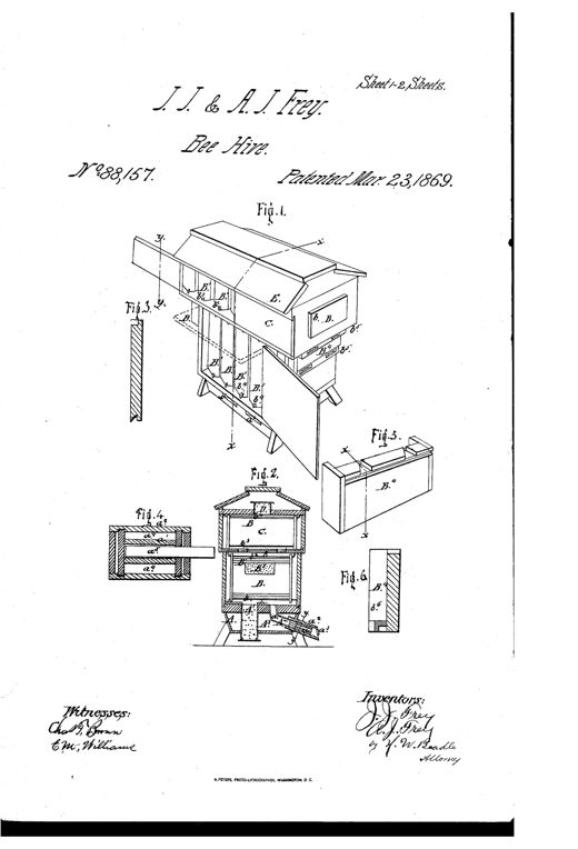 Patent drawing of a wooden beehive with a peaked roof, showing an exploded perspective of the bee-chamber with sliding frames, a honey-cap above, and side ventilator slats, alongside smaller detail views of the moth-chamber tubes, sliding ventilator boxes, and bee-entrance slide.