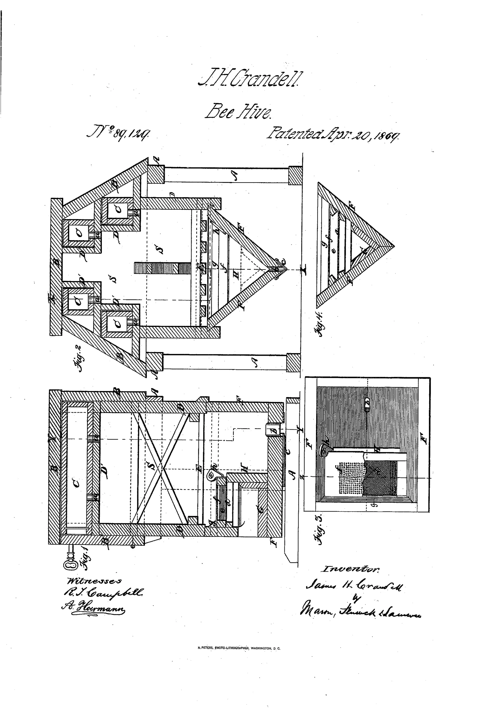 Patent drawing of a wooden bee hive shown in cross-section with upper honey boxes, a lower V-shaped angular chamber containing a partitioned moth-trap with screens and a removable drawer, plus a top view of the trap bottom.