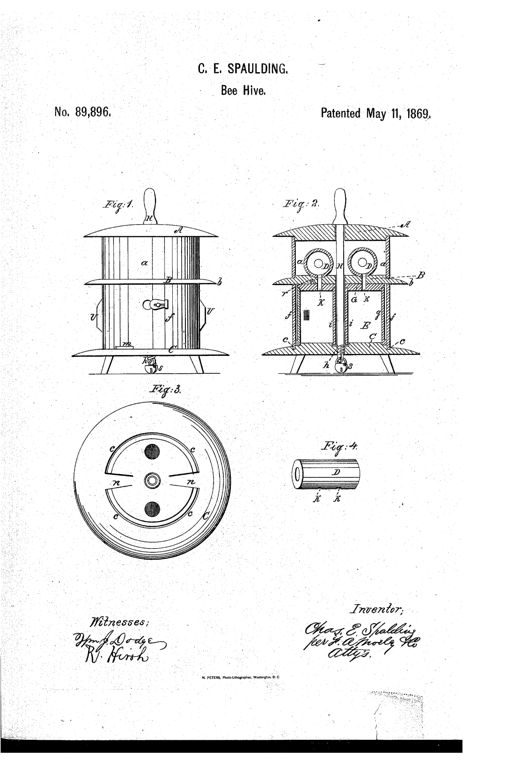 Patent drawing of a cylindrical wooden bee-hive with a domed top and handle, vertical slatted walls, a padlock at the base, and a cutaway view revealing internal round honey-boxes and a central locking shaft.