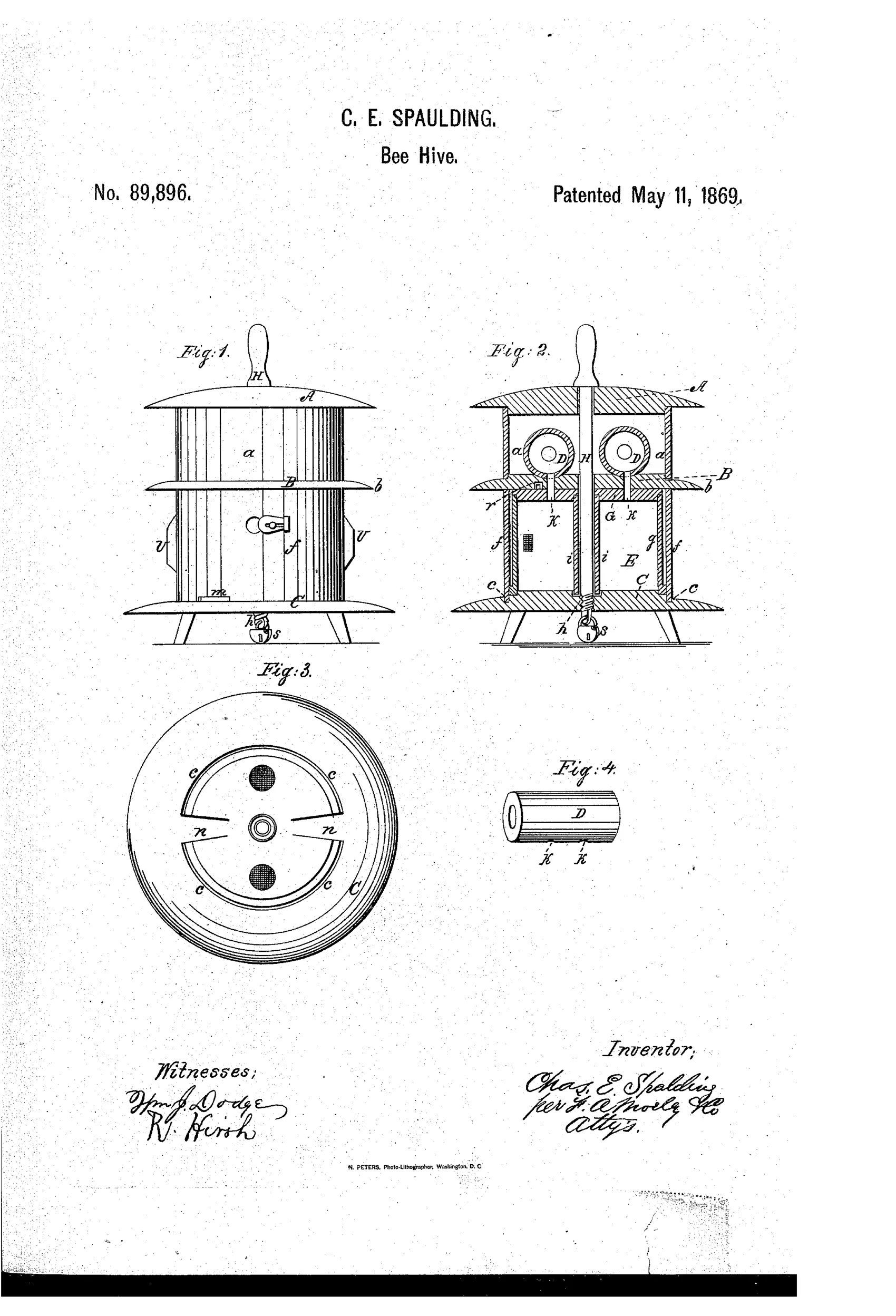 Patent drawing of a cylindrical wooden bee-hive with a domed top and handle, vertical slatted walls, a padlock at the base, and a cutaway view revealing internal round honey-boxes and a central locking shaft.