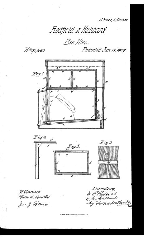 Patent drawing of a wooden beehive showing a cross-sectional elevation with stacked comb-frame sections, glass-ended honey boxes on top, and a detailed corner view of a frame with a cut-away guide bead for bee passage.