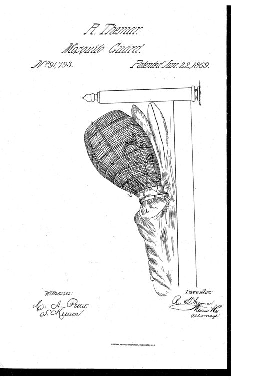 A patent drawing showing a barrel-shaped wire and cloth frame covered in cross-hatched mosquito netting, hanging from a wall-mounted bracket, with smaller hoops and drawstring binding visible at the narrower end designed to fit around a sleeper's waist.