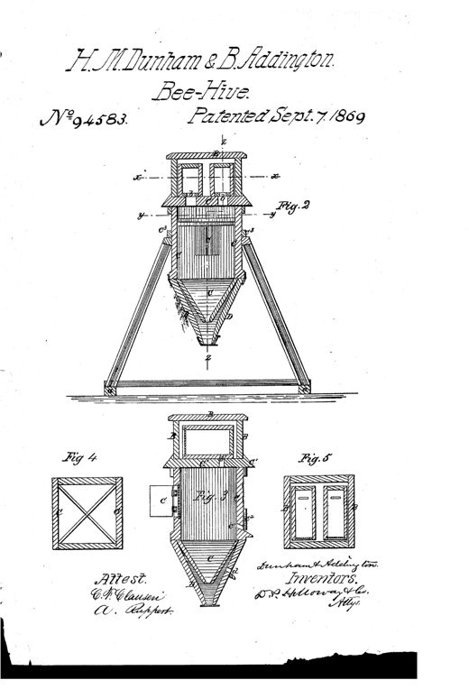 Patent drawing of a wooden bee-hive box hanging inside a tall triangular A-frame stand, with a tapered lower trap box, hinged door, and small entrance holes near the top.