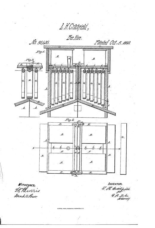 Patent drawing showing a hinged double bee-hive in vertical section and top view, with removable partitions, sash, inclined bottoms, and surplus boxes labeled with letters.