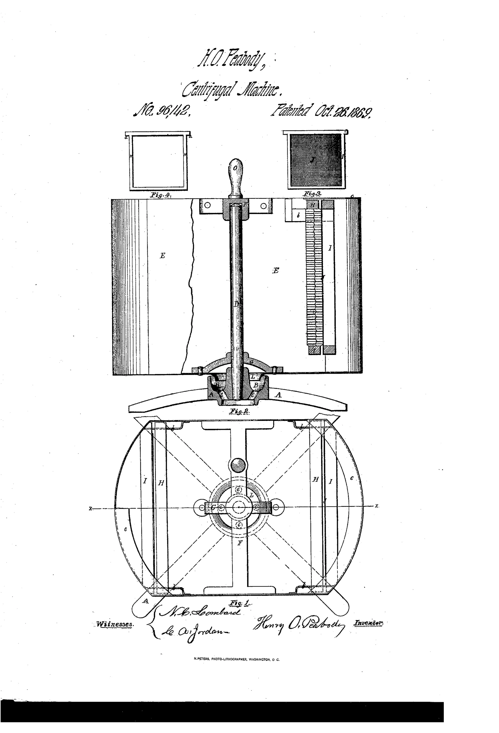 Patent drawing of a hand-cranked centrifugal honey extractor showing a cylindrical sheet-metal vessel mounted on a central spindle with a crank handle on top, flanked by detail views of a wire-gauze screen frame and an open honey-frame, plus a plan view revealing the internal frame layout and discharge orifices.