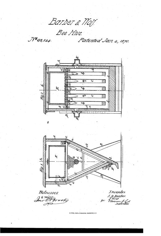 Two technical drawings of a wooden bee-hive: Fig. 1 shows a triangular cross-section with hanging frames converging to a bottom entrance slot, and Fig. 2 shows a longitudinal section with a rectangular honey-box on top and rows of frames with numbered labels below.