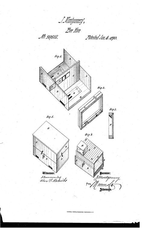 Patent drawing showing an exploded perspective of a wooden beehive with labeled side boards, a central partition, glass-paned frames, a metallic entrance plate, and a removable cap, alongside a smaller cross-section detail of a single frame and a complete assembled hive view.
