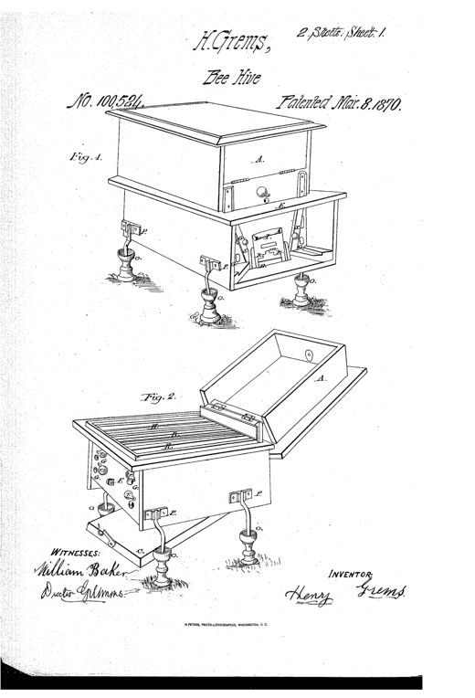 Patent drawing of a wooden beehive with a hinged lid, legs ending in small cups, and a cutaway cross-section showing internal air-passage walls between the comb frames and honey boxes.