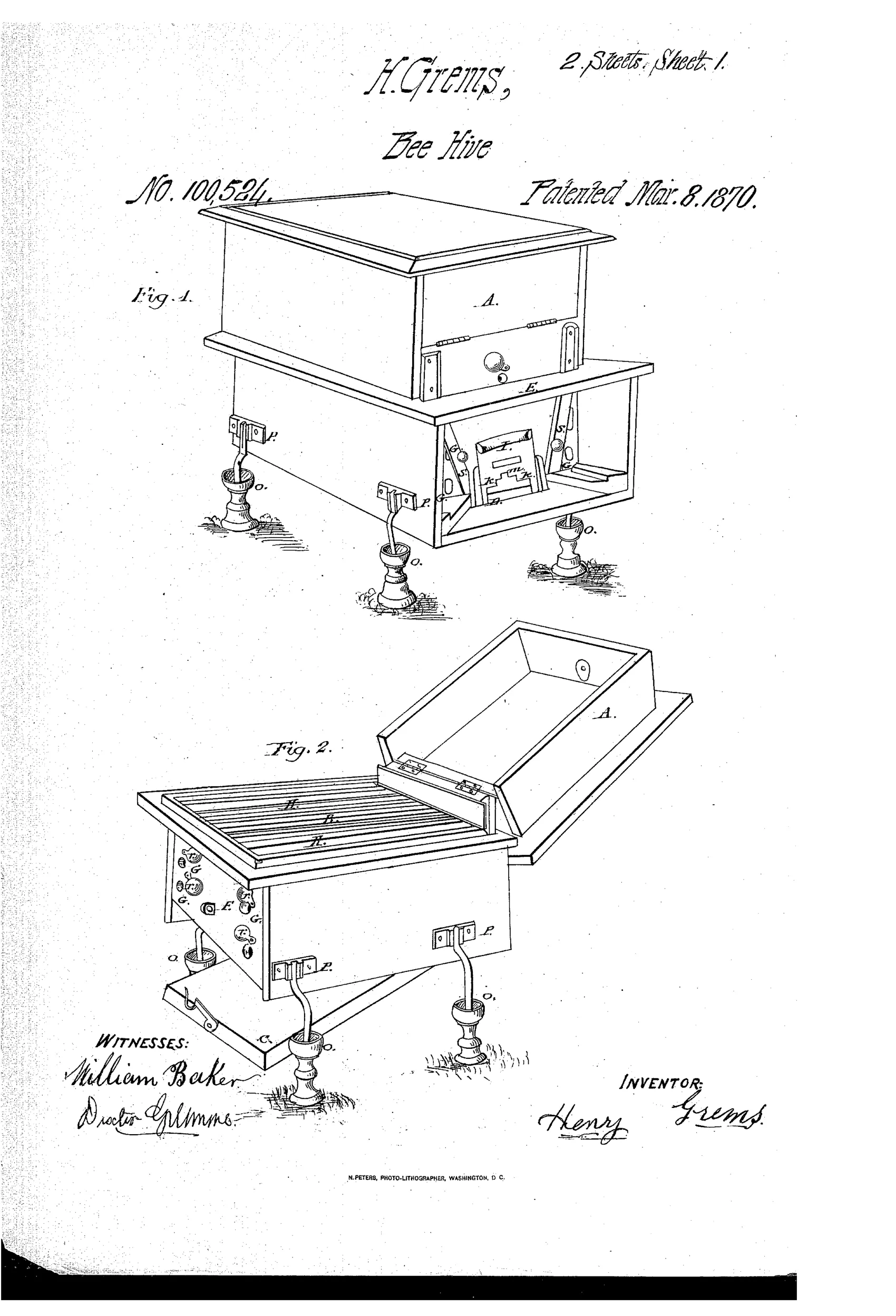 Patent drawing of a wooden beehive with a hinged lid, legs ending in small cups, and a cutaway cross-section showing internal air-passage walls between the comb frames and honey boxes.
