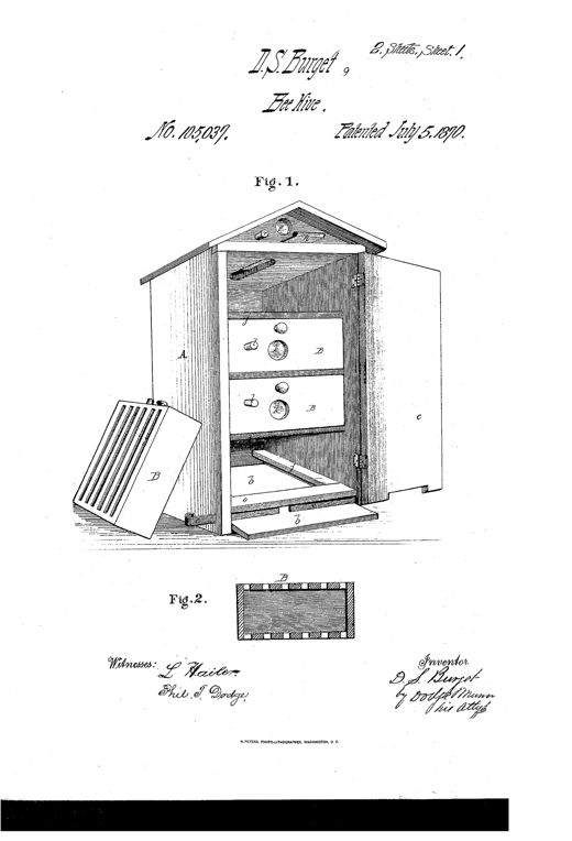 A wooden beehive shaped like a small house with a peaked, removable top chamber, a hinged front door, stacked drawers holding comb-frames visible through small glass windows, and a sliding bottom board forming a landing platform for bees.