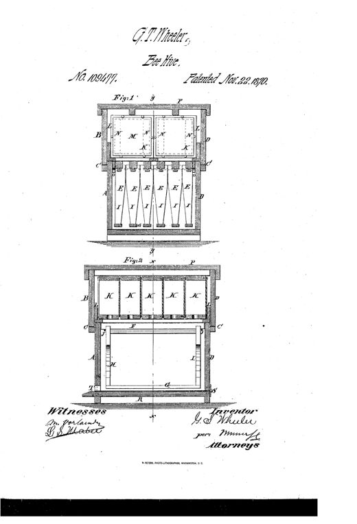 Patent drawing showing two stacked vertical sections of a wooden bee-hive: the upper section (Fig. 1) with paired glass-fronted honey boxes and hanging tapered comb-frames below, and the lower section (Fig. 2) showing a row of five honey boxes above an open brood chamber with a hinged floor and bee entrance.