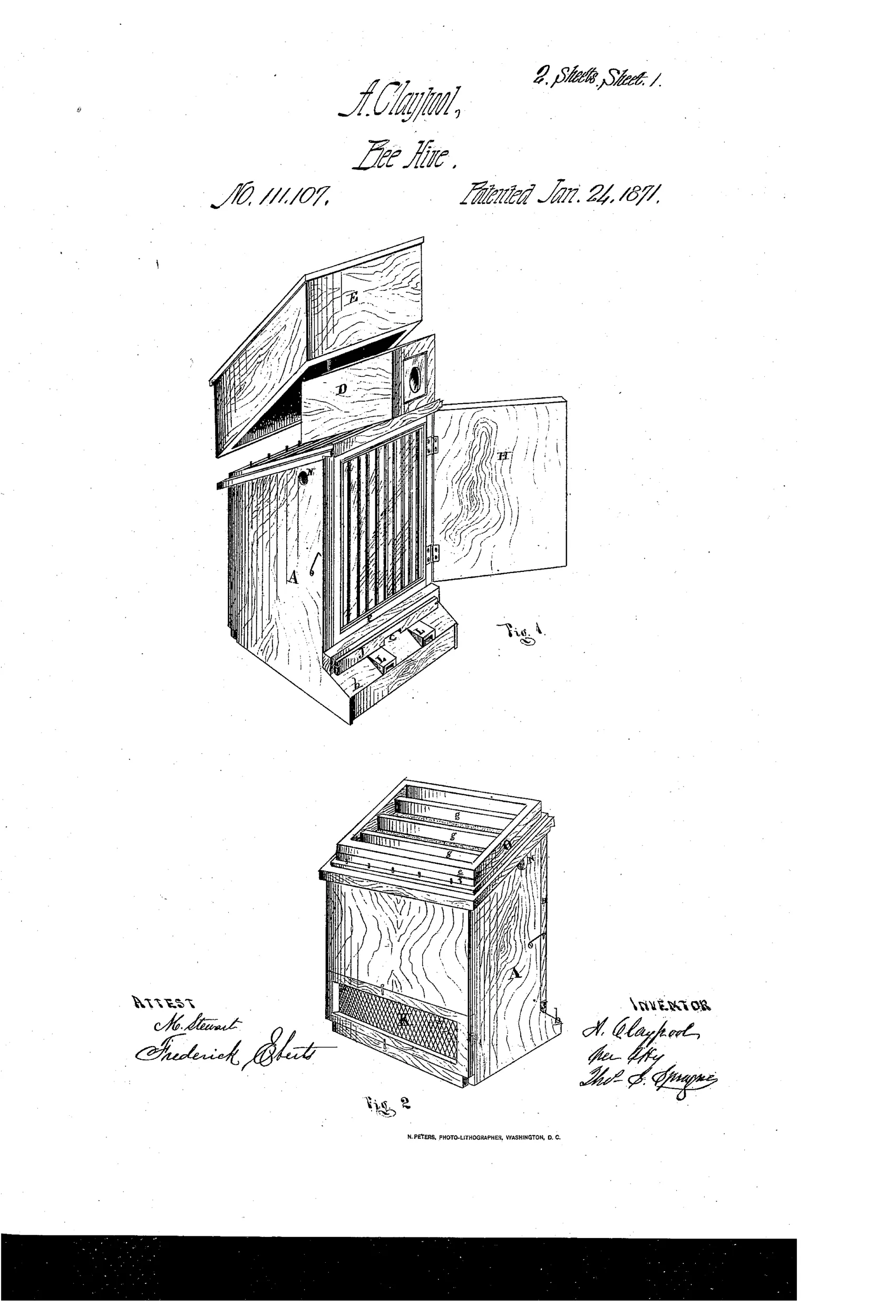 Exploded perspective drawing of a wooden bee-hive box showing the front glazed door open, a raised cap with comb-frames inside, a sloping honey-board, and a drawer-like feeding box beneath, alongside a rear view showing wire-gauze ventilation and a hinged access door.