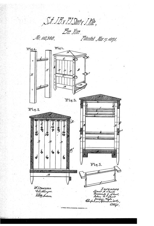 Patent drawing of a peaked-roof wooden bee-hive shown in perspective and in cross-section, revealing internal comb-frames hanging with small triangular guides and a separate honey-frame assembly above.