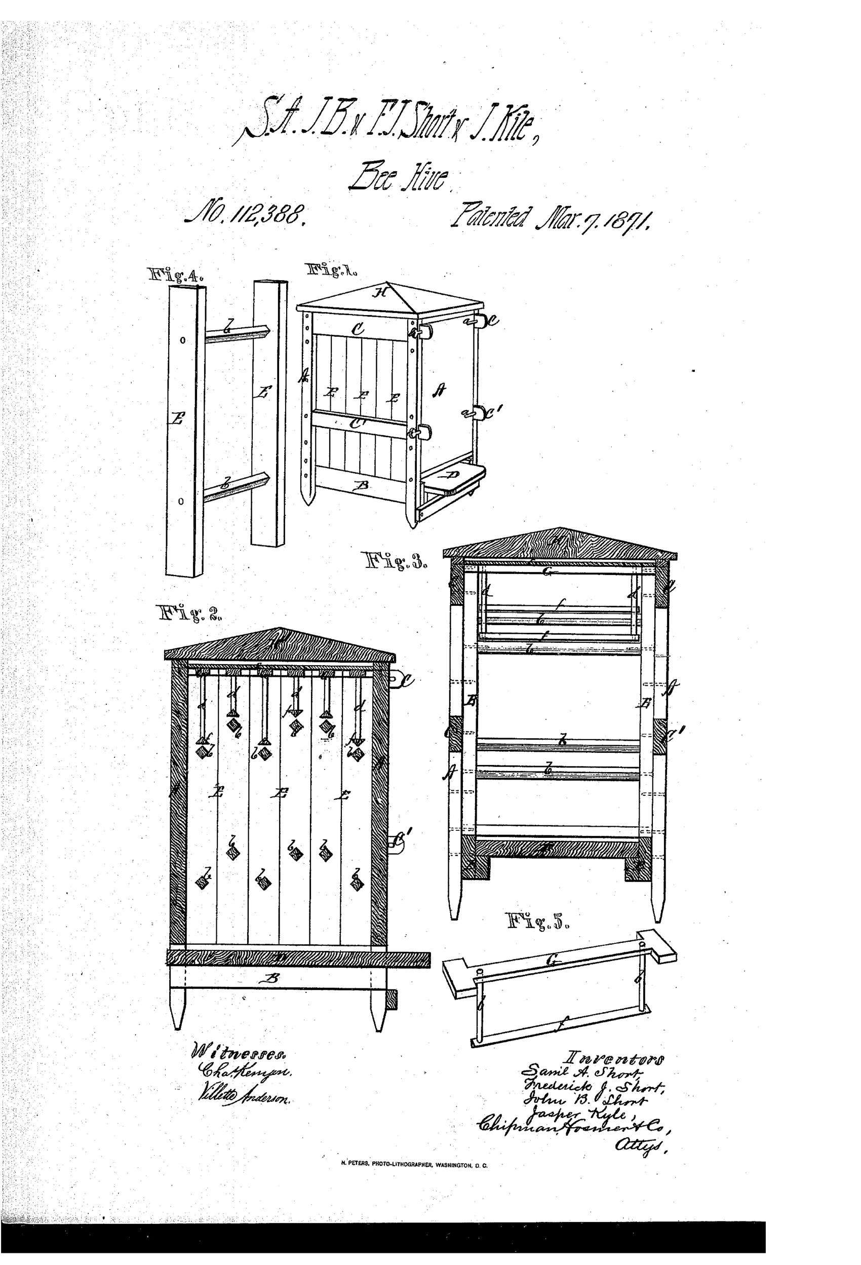 Patent drawing of a peaked-roof wooden bee-hive shown in perspective and in cross-section, revealing internal comb-frames hanging with small triangular guides and a separate honey-frame assembly above.