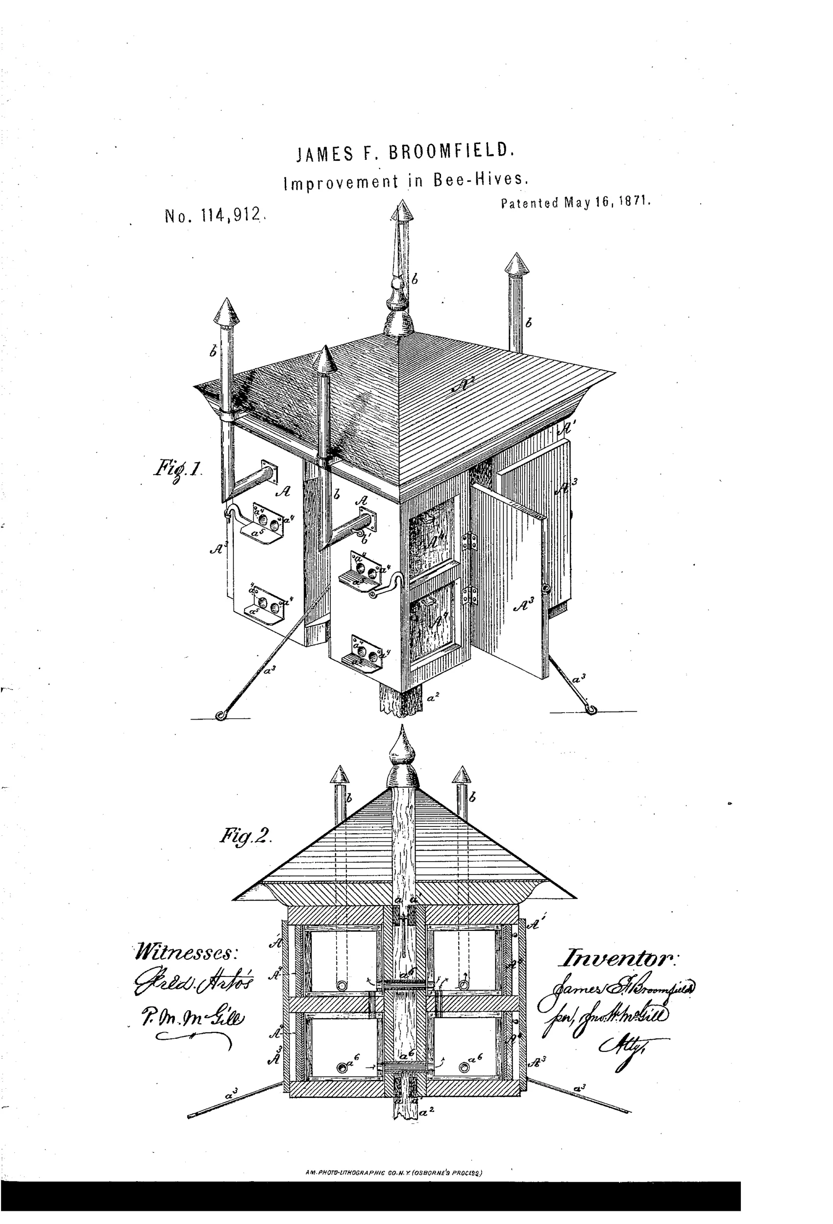 Patent drawing of a pagoda-roofed multi-chambered beehive on a central post, shown in perspective with an open outer door revealing inner doors (Fig. 1), and in cross-section showing internal boxes and ventilating tubes (Fig. 2).