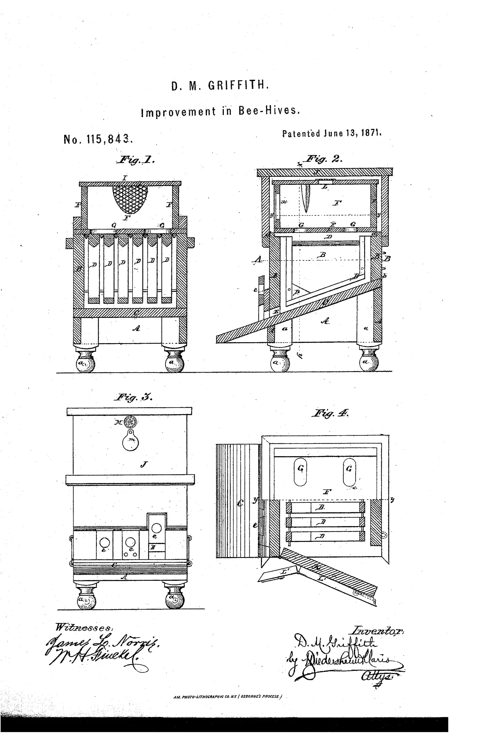 Four patent line drawings of a wooden beehive on ball feet, showing a front cross-section with hanging comb frames, a side sectional view with an inclined bottom board and honey-cap, a front elevation with ventilation holes, and a horizontal section with a partly opened side door revealing the comb frames inside.