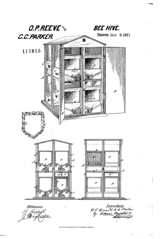 An exploded perspective drawing of a wooden beehive casing with a peaked roof, hinged front door, internal partitioned compartments holding honey-boxes, and a separate detailed drawing of a comb-frame below.