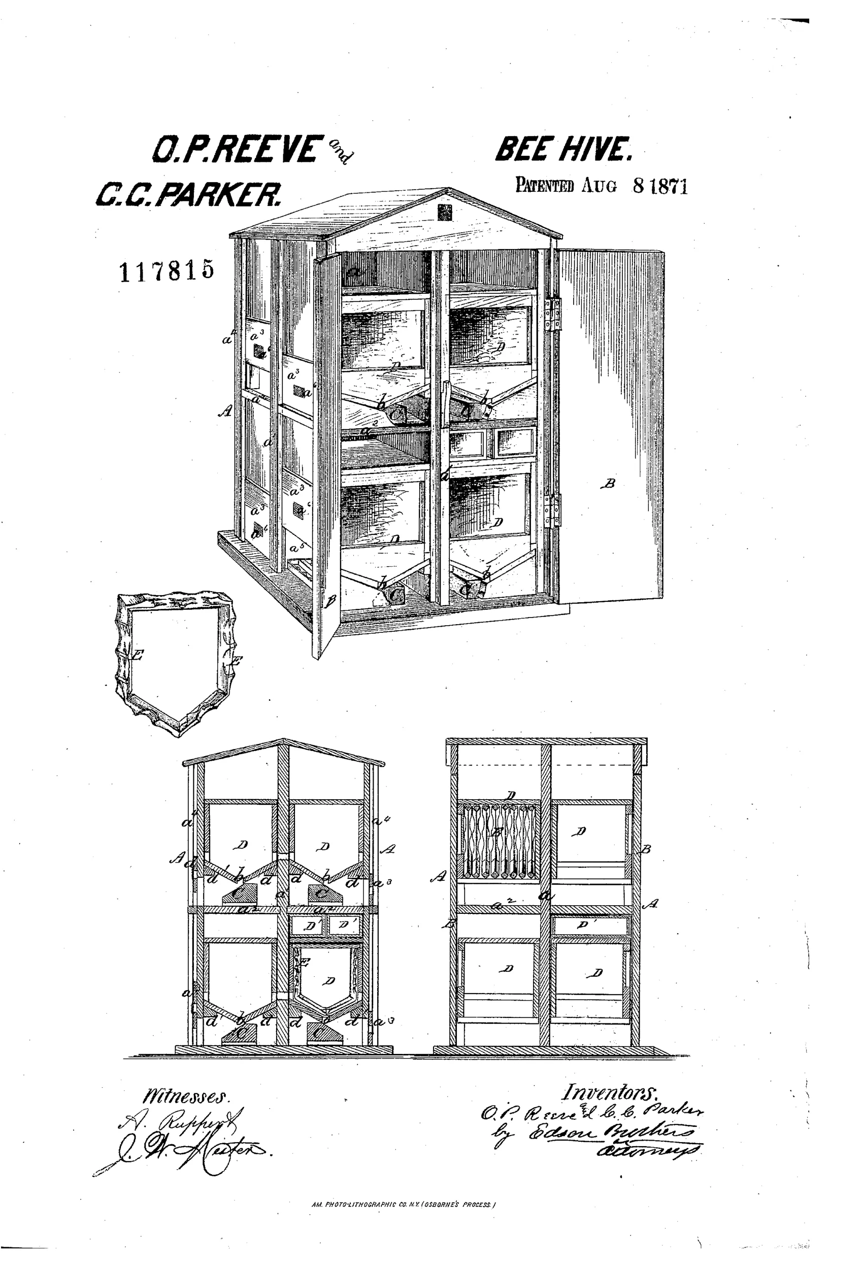 An exploded perspective drawing of a wooden beehive casing with a peaked roof, hinged front door, internal partitioned compartments holding honey-boxes, and a separate detailed drawing of a comb-frame below.