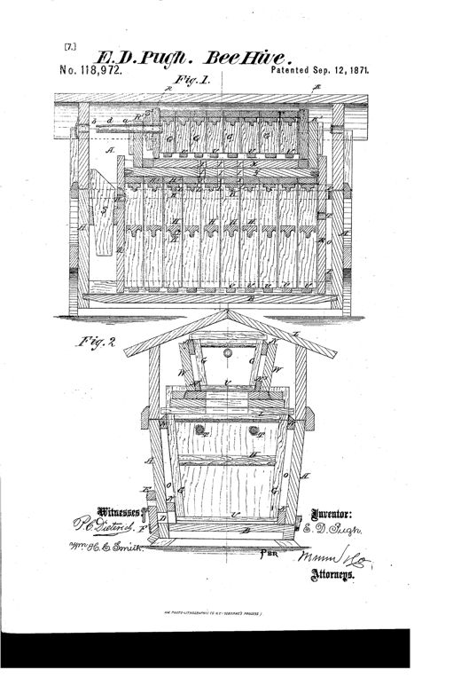Two technical line drawings of a wooden beehive: Fig. 1 shows a long cross-section with rows of tapered wooden sashes and cross braces labeled with letters, and Fig. 2 shows an angled front view of the peaked-roof hive box with a hinged sash lid and sliding front gate.