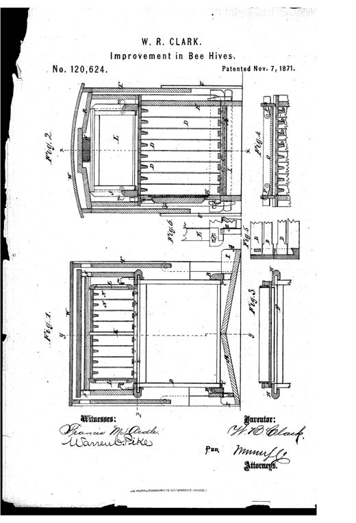 Patent drawing showing cross-sectional views of a wooden bee-hive with stacked honey-section chambers, glass inspection panels, ventilator caps, and an adjustable-leg outer casing, labeled with reference letters A through Y across six figures.