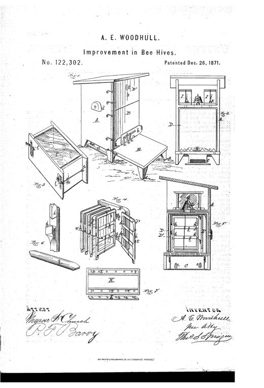 Patent drawing sheet showing a wooden bee-hive with peaked roof, hinged front doors, an internal honeycomb frame assembly, a glass-sided honey box, a conical ventilator valve, and a hinged front platform, all labeled with reference letters A through M across seven numbered figures.