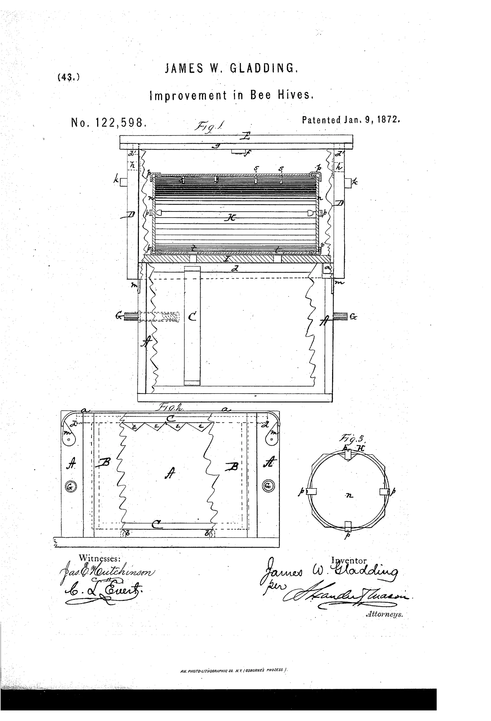 Patent drawing showing a wooden bee-hive in cross-section with a slatted movable-frame brood chamber above a lower open compartment, plus a top-down view of the hive body and a separate round tubular honey box with end caps.