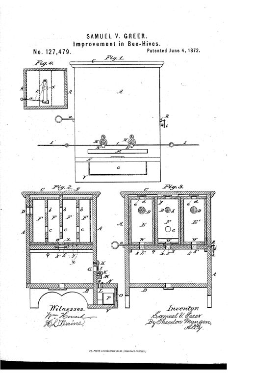 Patent drawing of a wooden bee-hive case with front elevation, two internal cross-sections showing stacked comb boxes and a central brood chamber, and a bottom detail of a pivoting button mechanism, along with a small attached moth-trap box.