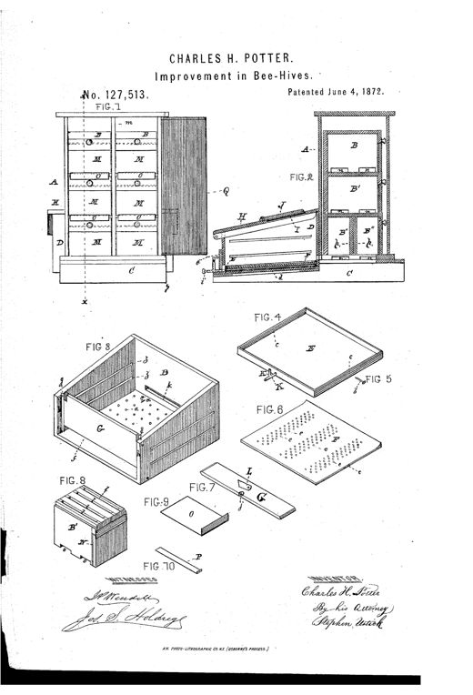 Patent drawing sheet showing a multi-tiered wooden bee-hive case with stacked boxes labeled B, B', B'', a separate feeding box with a hinged pan and perforated floor, and several detail views of slides, pins, and partitions used in the hive assembly.