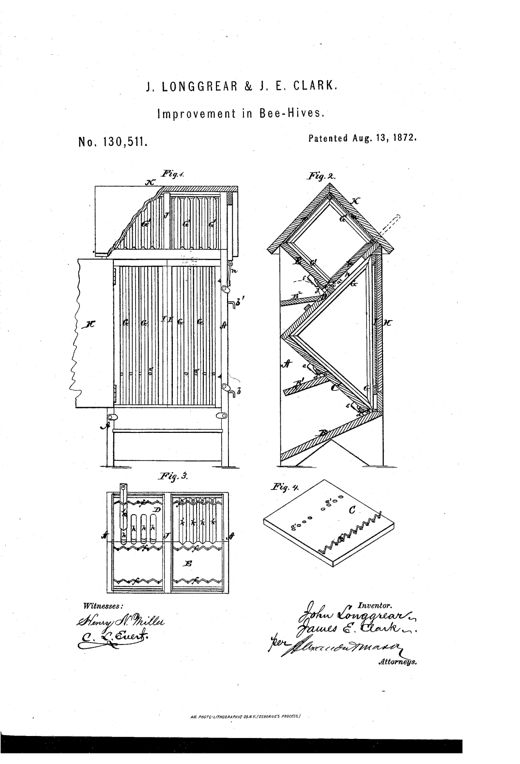 Patent drawing of a diamond cross-section beehive showing a rear elevation with vertical comb-frames and alighting boards, a triangular internal frame section, a plan view of the hive floor, and a small bottom board diagram with hexagonal comb marks.