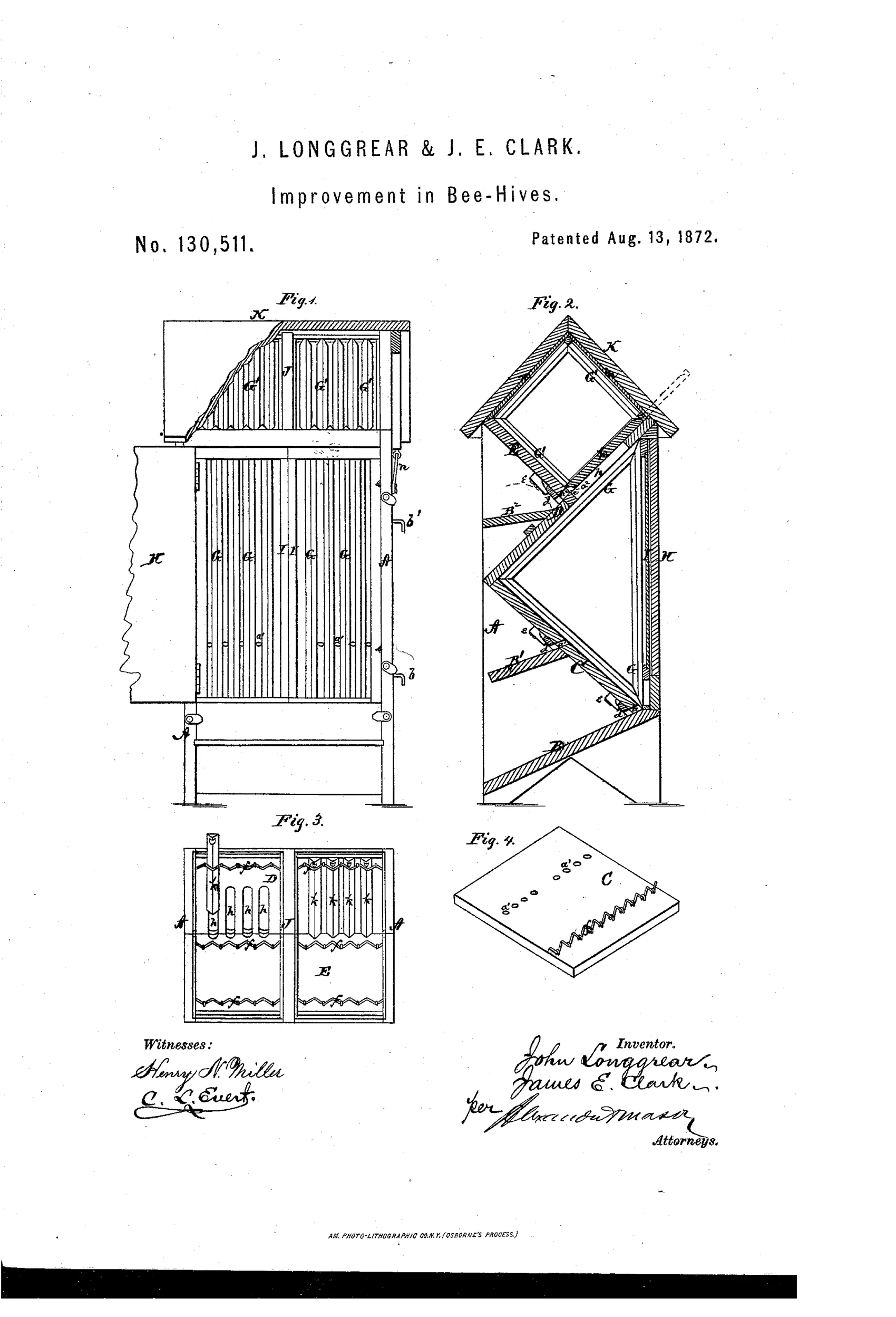 Patent drawing of a diamond cross-section beehive showing a rear elevation with vertical comb-frames and alighting boards, a triangular internal frame section, a plan view of the hive floor, and a small bottom board diagram with hexagonal comb marks.