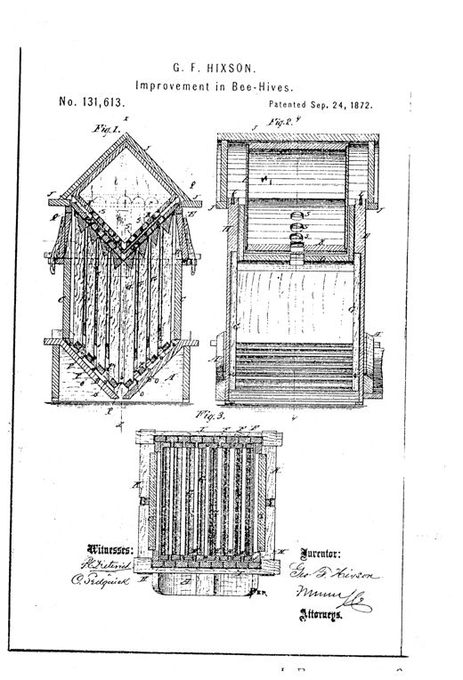 Patent drawing showing a diamond-topped wooden bee-hive with removable narrow vertical side boards, angled internal comb-frames, and a horizontal section view revealing the frame spacing and central honey-box compartment.