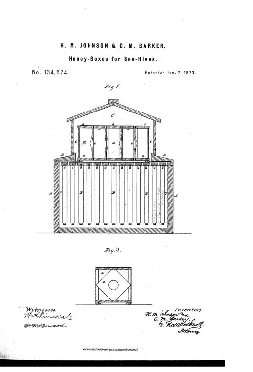 Cross-sectional patent drawing of a peaked-roof bee-hive showing a lower brood chamber with hanging comb frames and an upper super containing several narrow honey boxes separated by small gaps, plus a smaller square drawing of a single honey box with diagonal corner division-boards and a circular hole.